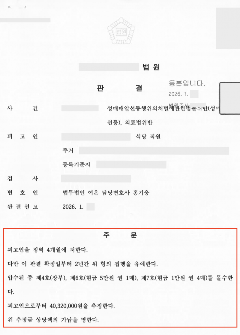 성매매알선 집행유예 판결문 성공사례